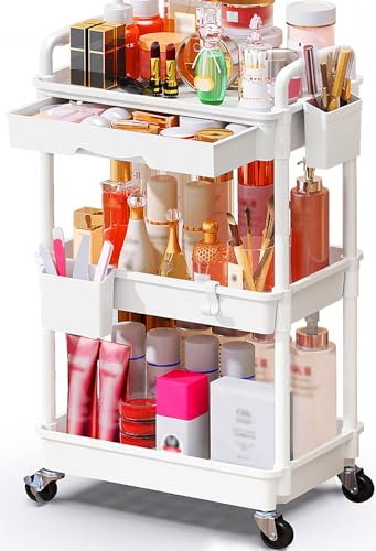 SUNALLY Makeup Cart Organizer with Drawers, Floor Skincare Organizers Vanity Storage Organizer, Rolling Makeup Bathroom Storage Cart Cosmetics Display Cases for Skin Care Perfume Nail Polish, White
