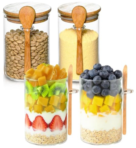 aichilra Tarros para overnight oats, 4 x 600 ml, tapa de bambú | Cristal hermético con cuchara, porciones para cereales, yogur, chía, especias, azúcar y sal