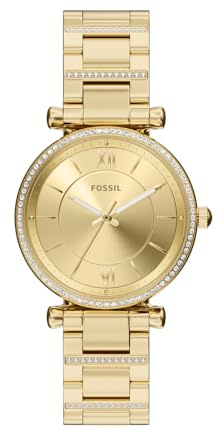 Fossil Carlie Watch für Damen, Goldfarbenes Quarz-Dreizeigerwerk mit Edelstahlarmband