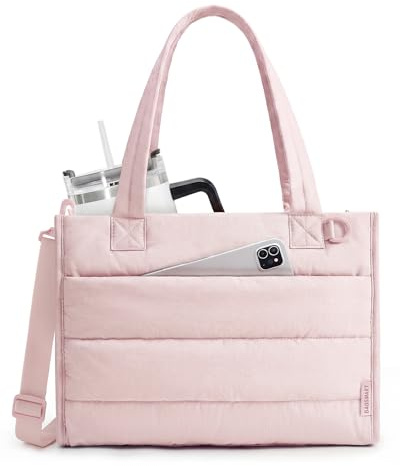bagsmart Laptop Tote Bag for Women, Lightweight 14 Crossbody Tote | Compartments Fit Laptop & 30oz Tumbler, Quilted Puffer Stylish Handbag for Back to School, College, Office, Teacher & Travel