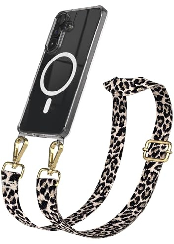 EAZY CASE Handykette - Verstellbares Taschenband kompatibel mit Galaxy S26 Plus, Schulterriemen, Handykordel mit Silikon Hülle, Qi Charging kompatibel, Umhängetasche, Leo - Schwarz Beige Gold