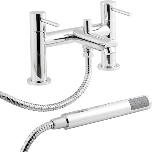 Nuie FJ314 Series Two ǀ Modern Bathroom Round Deck Mounted Bath Filler Tap with Shower Kit and Wall Bracket, 226 x 142 x 146mm, Chrome