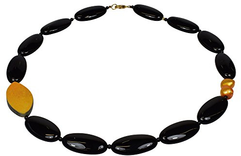 Funk-Collier Schwarzer Achat, gelber Naturachat, Süsswasser Zuchtperle, 925oo SI verg. Schloß