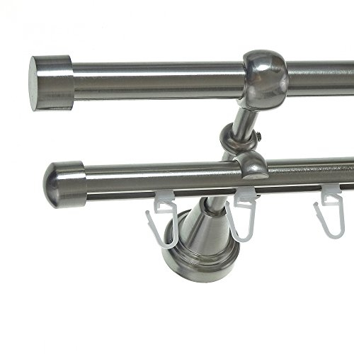BASIT Rohr + Innenlauf Gardinenstange Wandmontage 2 läufig 200cm lang Edelstahl Look Metall Gardinenstange 2 läufig Wandbefestigung Ø16mm I H14+I