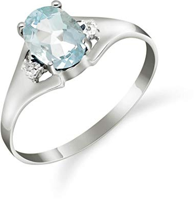 Galaxy Gold GG Bague en or blanc massif 14 carats 0,76 carats avec véritables diamants et aigue-marine ovale naturelle – Taille 5,5, métal gemme, aigue-marine
