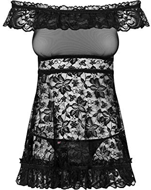 Obsessive Flores Set Chemise + Thongs,Size L/XL,Black