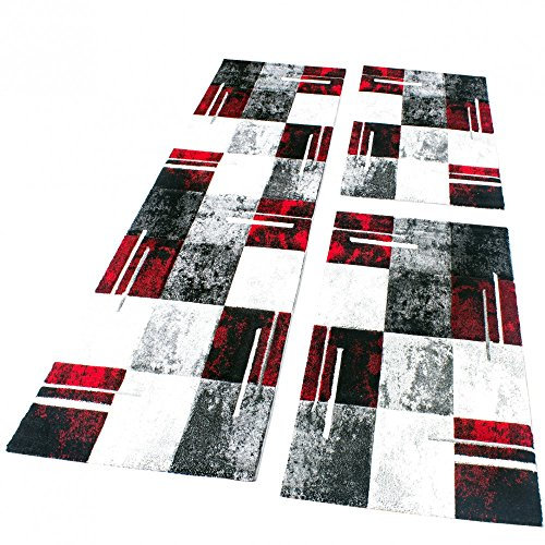 Paco Home Bettumrandung Teppich Läufer Marmor Optik Karo Rot Grau Schwarz Läuferset 3 TLG, Grösse:2mal 60x110 1mal 80x300