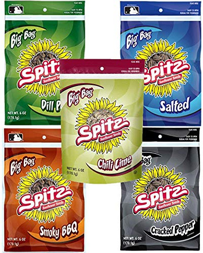 Spitz Sunflower Seeds Variety Bundle, 6 oz (Pack of 5) includes 1 Bag Each of Salted, Cracked Pepper, Smoky BBQ, Dill Pickle and Chili Lime (30oz total)
