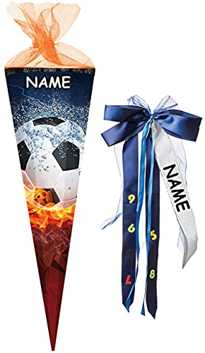Schultüte - Fussball - Flamme - 22-100 cm - Größe wählbar - eckig - incl. Name und individueller großer Schleife - Tüllabschluß - Zuckertüte - Nestler -..