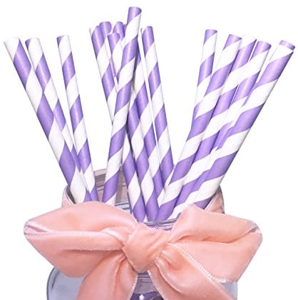 100 Stück Lila Weiß Gestreifte Papierstrohhalme, 100% Biologisch Abbaubare Lila Weiß Einweg Strohhalme 19,7 cm Für Deko Taufe Mädchen Geburtstag Hochzeit