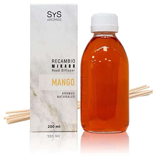 SYS Aromas Ambientador Recambio Mikado Mango - Notas Orientales - Recarga para Difusor con Varillas - Larga Duración - Ideal para Hogar, Oficina, Baño - 200 ml con 8 Varillas
