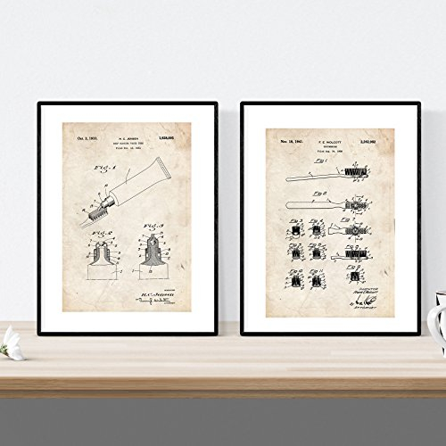 Nacnic Zahnpflege Patent Poster 2er-Set. Vintage Stil Wanddekoration Abbildung von Zahnpasta, Zahnbürsten und Alte Erfindungen. Verschiedene geometrische Zahnartz Bilder ohne Rahmen. Größe A4.