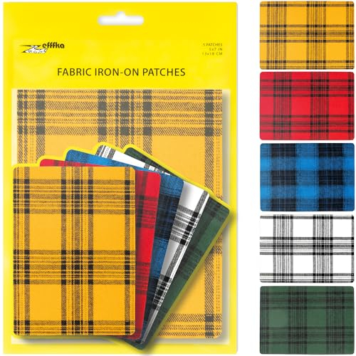 ZEFFFKA Premium Quality Large Plaid Tartan Fabric Iron-on Patches Inside & Outside Strongest Glue 100% Cotton Repair Decorating Kit Jeans Modern Cool Design 5 Pieces Size 5 by 7 (13 cm x 18 cm)