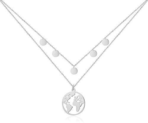 GD GOOD.designs Weltkugel Kette Silber mit Plättchen Mehrreihig für Damen - Wasserfest I Layering Halskette mit Weltkarte und Coins I Welt Travel Doppelkette