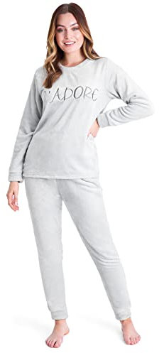 CityComfort Pigiama Donna Invernale Pile a Manica Lunga Pigiamone Felpato Due Pezzi (L, Grigio Chiaro)