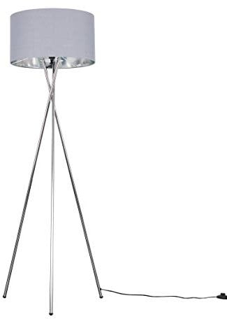 MiniSun | Modern Polished Chrome Metal Tripod Floor Lamp with a Grey and Chrome Shade | Home Décor, Bedside & Desk Lamp