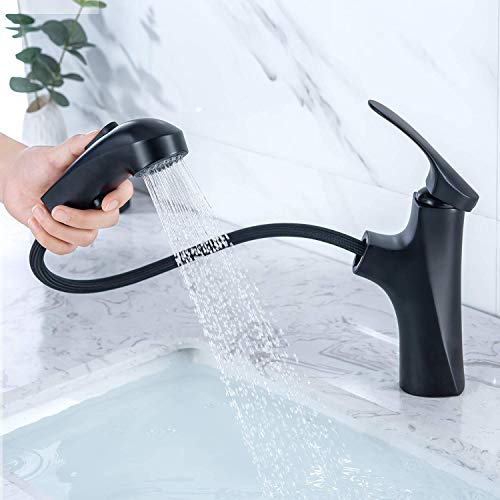 MIAOHUI Ausziehbarer Wasserhahn Bad Schwarz, Mischbatterie Waschbecken mit 3 Modi Herausziehbarer Spritze, Einhebelmischer Waschbecken, Waschtischarmatur für Heißes und Kaltes Wasser