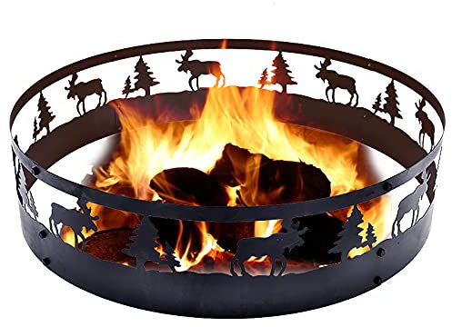 Kapler Feuerring, 91,4 cm, Feuerschalenring mit Hirsch, Wolf, Wildnis, 360°-Schnitzerei, robuste und tragbare Feuerringe für Outdoor, Camping, Lagerfeuer, Strände, Park, Terrasse, Hinterhof, viele