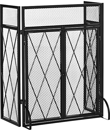 HOMCOM Parascintille per Camino in Metallo con 3 Pannelli Pieghevoli e 2 Porte, 120x11.5x79cm, Nero