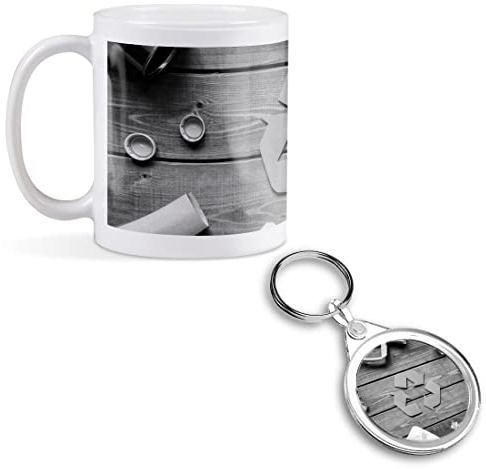 1 x 11oz (284ml) White Ceramic Mug Cup & 1 x Round Acrylic Keyring Set - BW - Eco Recycling Symbol Sign Bins Design for Coffee Tea Drinks Kitchen Birthday Office #42828