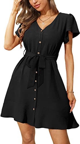 Aokosor Dresses for Women Summer Ladies Black Dress Shirt Ruffle Sleeve Dresses Size 6-8