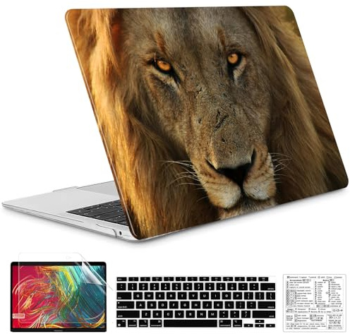 QCzyc Compatible with MacBook Air 13 Inch Case 2022, 2021-2018 M1 A2337 A2179 A1932 Animal Plastic Shell Case &Keyboard Cover&Mac OS Keyboard Sticker (Lion)