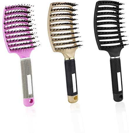 DAWRIS 3 Stücke Haarbürste Wildschweinborsten Entlüftete Entwirrende Gebogene Haarbürste Detangling Haarstyling beschleunigt das Trocknen für Natur Lockig und Glattes Haar (3PCS)