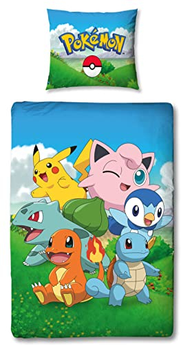 Pokemon Bettwäsche 135x200 80x80 Kissenbezug Pokeball [Wendemotiv-2 Designs] 100% Baumwolle Schadstoffgeprüft Öko Tex Standard Deutsche Größe