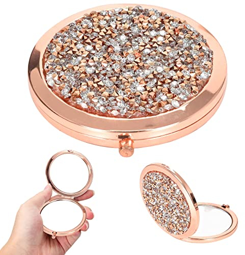 KYSUN 7 cm Taschenspiegel, Tragbarer Taschenspiegel, Kleiner Runder Mini Schminkspiegel 1X / 2X, Kompakter Kosmetikspiegel, Faltbar & Doppelseitig für Frauen Mädchen, Diamant aus Roségold