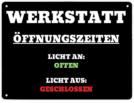Werkstatt Öffnungszeiten Metallschild XL in 21x28 cm perfekt für Handwerker zum Geburtstag Arbeit Blechschild Mechaniker dekorativ