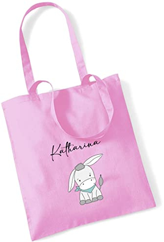 minimutz Jutebeutel bedruckt mit Esel und Name | Stofftasche aus Baumwolle für Jungen und Mädchen | Kinderbeutel Tragetasche für Kita-Beutel Kindergarten Wechselwäsche (rosa)