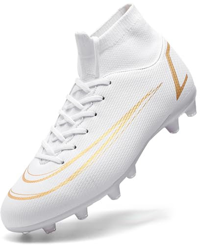 ASOCO DREAM Zapatillas de Fútbol Hombre Tacos Botas de Fútbol Profesionales Deportivas de Caña Alta Aire Libre Zapatos de Atletismo Calzado de Fútbol,Blanco,36 EU