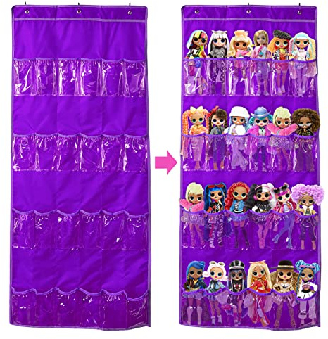 DUOLAM Hanging Over Door Toy Storage Organizer (24 Pockets), Compatible with LOL Omg Dolls Barbie Dolls Surprise Doll (Toys Not Included), Deeppink (57.5''x22'')