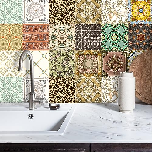 TOARTI 18 Stück Bunt Fliesenaufkleber,Mosaik Küche Wandaufkleber,DIY Marokkanischer Fliesenfolie für Badezimmer,Treppenaufkleber Wandfliese Aufkleber,Wasserdicht Selbstklebende Fliesensticker,15×15CM