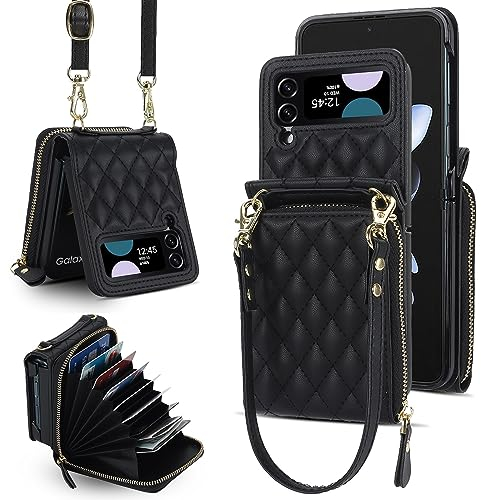 XIZYO Fermeture à Glissière Paquet de Cartes Flip PU Cuir Coque pour Samsung Galaxy Z Flip 3, avec Lanière Amovible et Réglable, Housse Filles Femmes Mignon Luxe avec Porte-Cartes, Noir