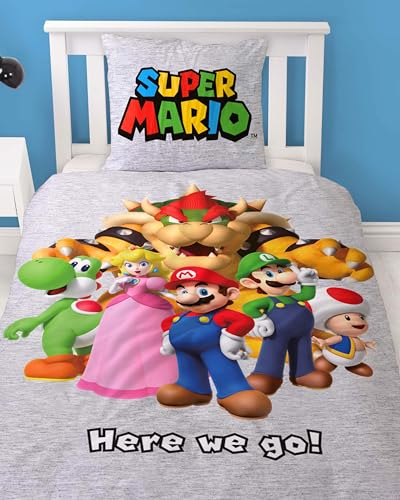 Bettwäsche 135x200 Flanell, Biber, Nintendo Super Mario, kuschelig weich für Winter, 1x Kissenbezug 80x80 + Bettbezug 135x200, 100% Baumwolle, Kinderbettwäsche Gaming