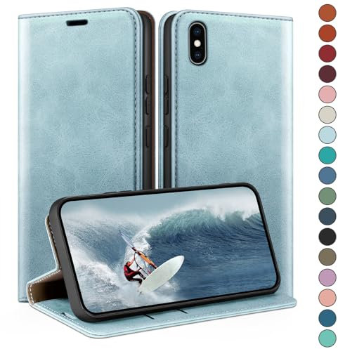HUOUH for iPhone X/XS 5,8 Wallet case with RFID Blocking PU Leather,Credit Card Holder,Flip Folio Book Phone cases Shockproof Cover Women Men for Apple X/XS case Bright Blue
