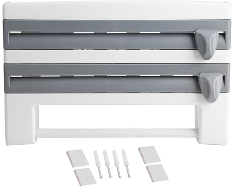 TOWEBOORY Cling Film Dispenser and Cutter, 4 in 1 Kitchen Cling Film Holder with Paper Holder Kitchen Sauce Bottle Storage Rack Mount Kitchen Tool Cling Film Cut(Grey)