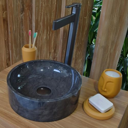 Océan Line Vasque ronde à poser en marbre noir, Irina MINI 30×30×10 cm