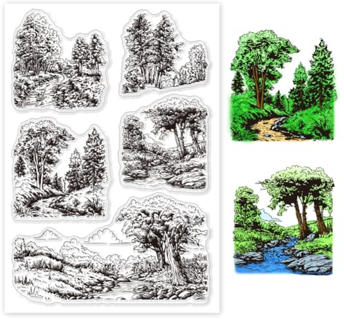 GLOBLELAND Waldpfad Silikonstempel Waldlandschaft Transparente Stempel Üppige Bäume Klare Stamps Für Karten Herstellung DIY Scrapbooking Basteln