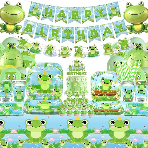 Obussgar Frog Birthday Party Decorations - Banner, Plate, Cake Topper, Cup, Napkin, Balloon, Tablecloth for Frog Party - Serves 20