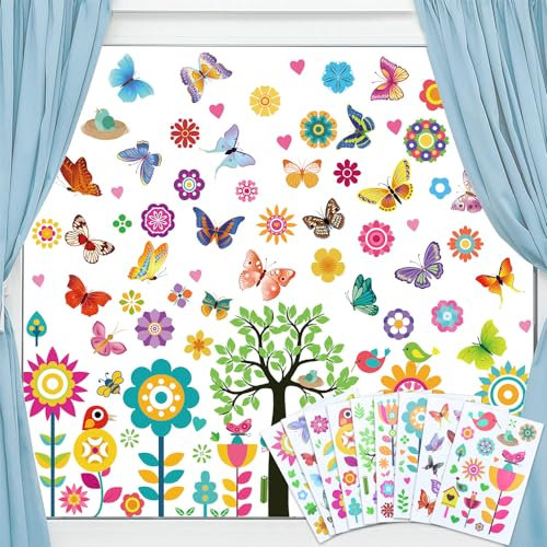 DKEROSS 9 Blätter ca.148pcs Fensterbilder Kinderzimmer Fensteraufkleber Frühling Fensterfolie Blumen Fensterdeko Selbstklebend Fenstersticker Vogel Pflanzen Garten Sommer Glasaufkleber