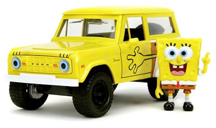 Jada Toys Spongebob Auto Ford Bronco 1973 (20 cm) mit Spongebob Schwammkopf Figur (6,5 cm) - Modellauto mit Teilen zum Öffnen, Spielzeug-Set aus Metall für Fans und Kinder ab 8 Jahre