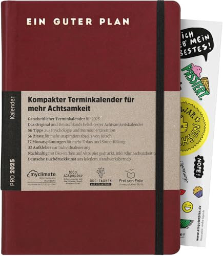 Ein guter Plan Pro 2025– Kompakter Terminkalender für mehr Achtsamkeit im Alltagschaos – Datierter Planer mit Kunstledereinband, Gummiband und Froschtasche (Burgund 2025)