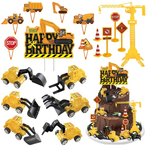 Vezerd Tortendeko Geburtstag, 37 Stück Baustelle Kuchen Deko Tortenaufleger, Bagger Baustellenfahrzeuge Thema Happy Birthday Torten deko für Mädchen Junge, Cake Decoration Topper Set für Taufe Party
