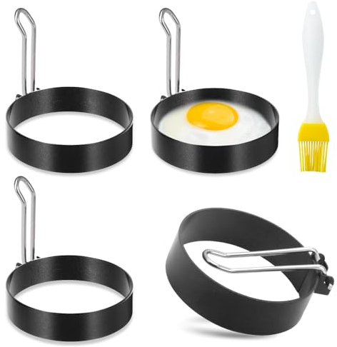 Aoreun Spiegeleiform Edelstahl Ei Ring, 4 Stück Edelstahl Pancake Form, Rund Spiegeleiformen Antihaft mit Klappgriffen und Ölpinsel,Spiegeleierformen für die Pfanne Spiegeleier, Sandwiches, Hackbraten