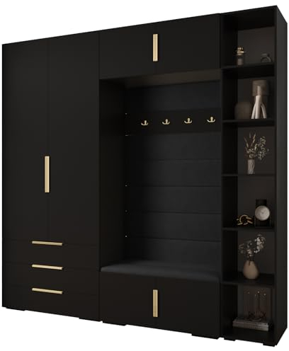 MEBLE KRYSPOL Inova 1 Möbelset - Moderne Garderobe - für Schlafzimmer, Wohnzimmer, Flur, Kinderzimmer - Ankleidemöbel - 236,7x240x47cm - Schwarz, Paneele Manila 18, Handgriff Gold