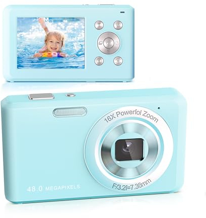 Appareil Photo Numérique,Appareil Photo Compact HD 1080P avec Carte de 32 Go, 48MP Appareil Photo 16X Zoom Numérique Rechargeable Appareil Photo Numérique pour Enfants, Adolescents,Débutants(Bleu)