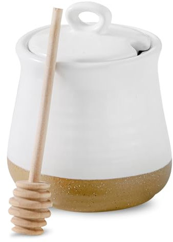 glowworm Honey Jar with Dipper,12 Ounce Honey Jars, Ceramic Honey Container for Home, Kitchen, Syrup Dispenser, Dishwasher Safe, White
