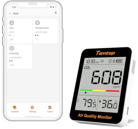 Temtop C1+ Monitor de CO2 Monitor de Calidad del Aire Interior con Conectividad BLE App Medidor Portátil de CO2 Temperatura Humedad para el Hogar Oficina o Escuela